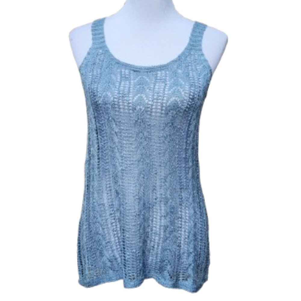 Pink Republic Blue Knit Tank Top Crochet Lace Cover-Up Boho Beach Blouse